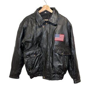 Vtg Mens Black Leather Bomber Jacket With American Flag Patch Size SMALL